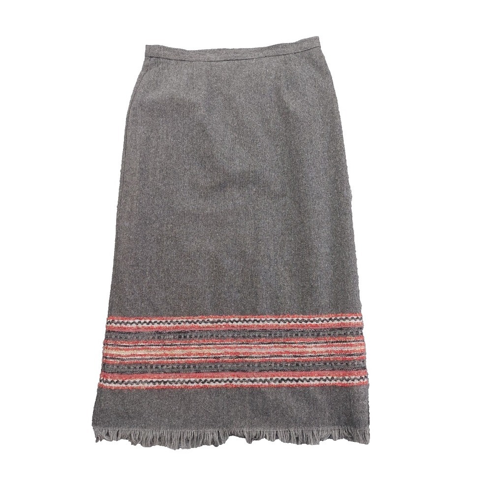 Sag Harbor Blanket Skirt Womens 14 Gray Red Fringe Midi Straight Slit Lined Boho